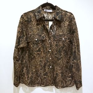 New Zara Sheer Snake Print Button Down